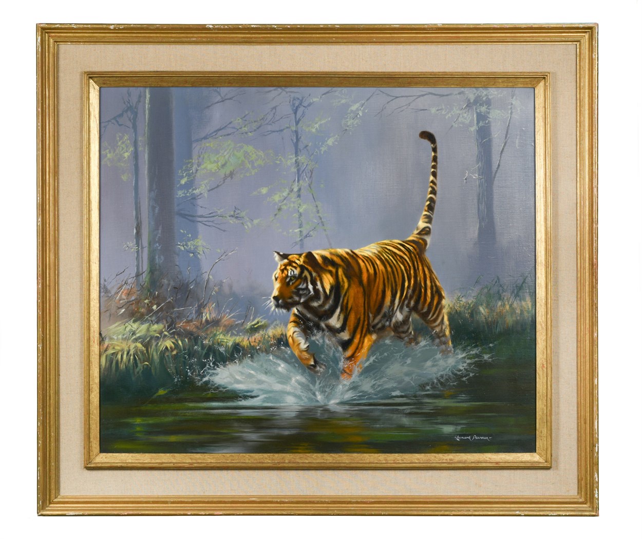 § Leonard Pearman (British, 1912-2003) Tiger crossing a river in ...