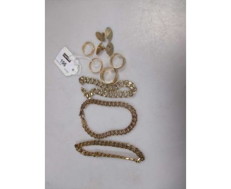 Two 9ct gold bracelets, a yellow metal bracelet, two 9ct wedding rings, a 9ct buckle ring and a pair of 9ct cufflinks 91.5g g