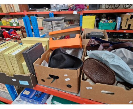 3 boxes of handbags to include leather, Italian, etc, silk ties, scarf, hats, etc. 