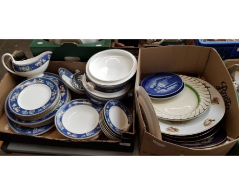 A box of Wedgwood Blue Siam dinner ware (appx 28 pcs including tureens), and a box of plates including Spode Operation Overlo