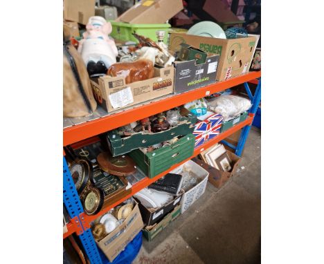 Approx. 13 boxes of various items including pottery, glassware, ceramics, crochet ware, barometer, clock, golf display, pictu