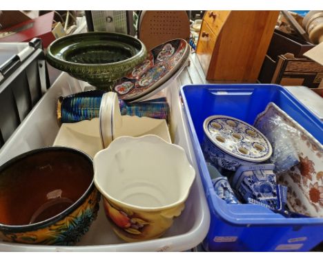 Two boxes of ceramics including Poole pottery, Elaine Goddard, Marion Holden, Wedgwood Jasperware and Delft, etc. 