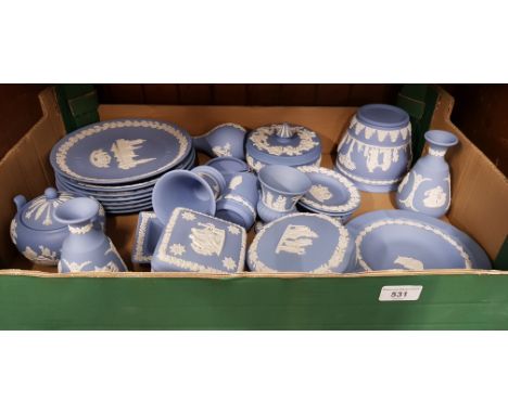 Wedgwood blue jasper wares - 25 items including Christmas Plates issued 1974 to 1980, a table cigarette lighter, lidded boxes