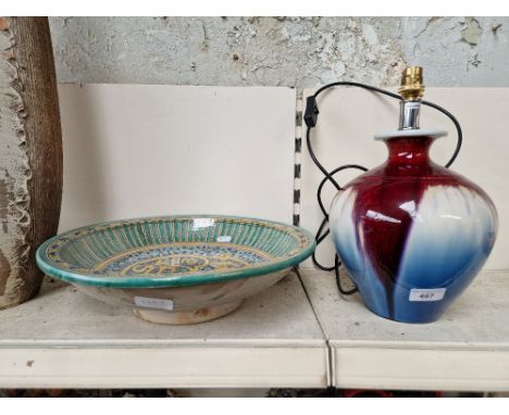 Hand thrown hand painted and signed 14 1/2 diameter Morrocan Fez region bowl, together with a John Lewis table lamp 