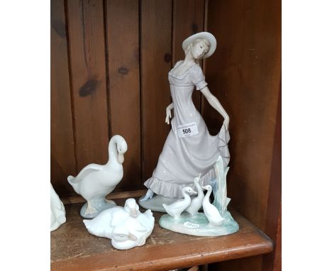 Nao ‘Elegant Lady’ no.764 29.5cm high together with 3 Nao geese/duck figures 