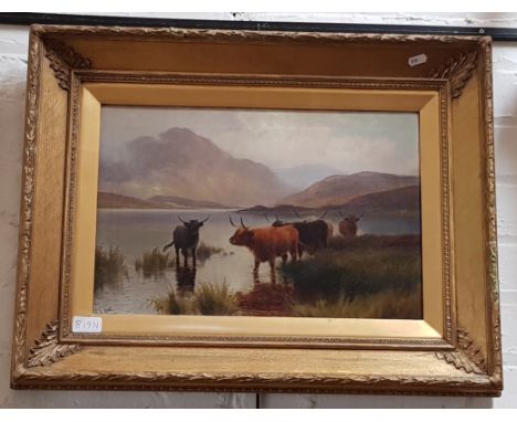 Henry Robinson Hall (British, 1859-1927), oil on canvas, highland scene with cattle watering, 44.5cm x 29cm, signed 'H R Hall