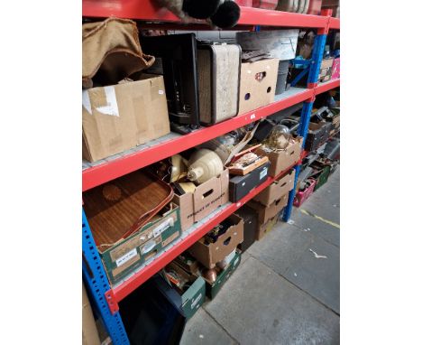 Thirteen boxes of assorted items including tools, magazines, pictures, clocks, electrical items, wool, also a Singer sewing m