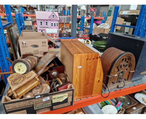 A box of treen together with a wooden bread bin, a radio and a record deck. 