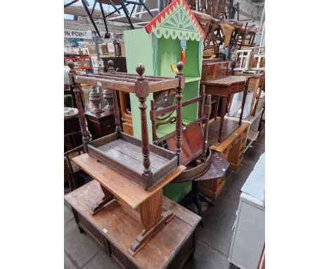Various items of furniture; stick stand, mahogany blanket box, occasional tables, swing mirror, children's bookcase, etc. 