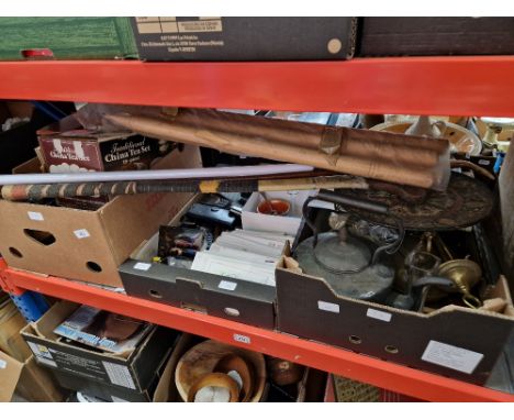 3 boxes of assorted items including metalware, collectables, cricket stumps, hockey stick, jewellery, glass ware 