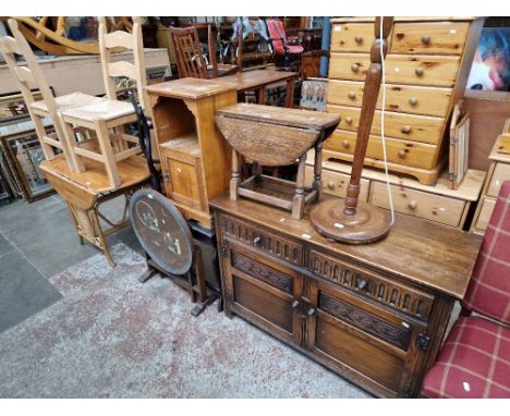 Various items of furniture; a kitchen dining table and two chairs, a Chinese firescreen/table, an Edwardian bedside cabinet, 