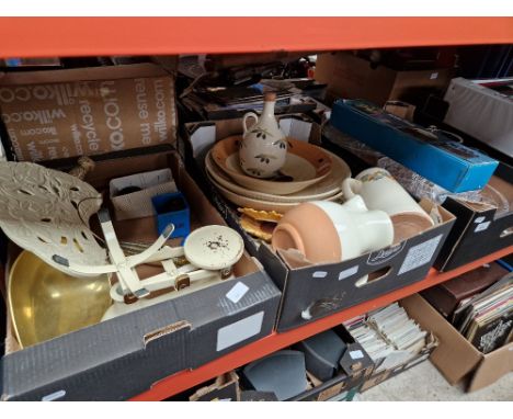 2 boxes of assorted vintage kitchenware/pottery  & a box of assorted glassware to include scales, pestle & mortor and a brass