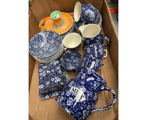 A box of Burleigh Calico table ware. Appx 26 pieces including jugs, butter dish, cups, saucers, side plates etc, together wit