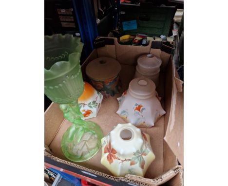 Assorted vintage glass light shades.Condition (green lady lamp only):- small chip to edge of hole in base, no sign of any oth