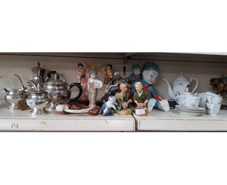 A mixed lot to include 4 silver plated tea set by Arthur Price, various figurines including Lladro, Nao, and Beswick, and an 