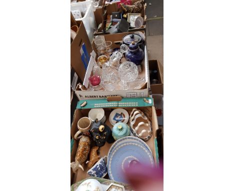 Three boxes of mixed items to include Wedgwood, jasperware, glassware, cameras, binoculars, vintage blow lamp, mini camera by