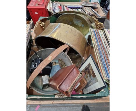 A box of metal ware and other misc. items including brass jam pan, brass planter, flask, opera glasses, Instamatic camera, a 