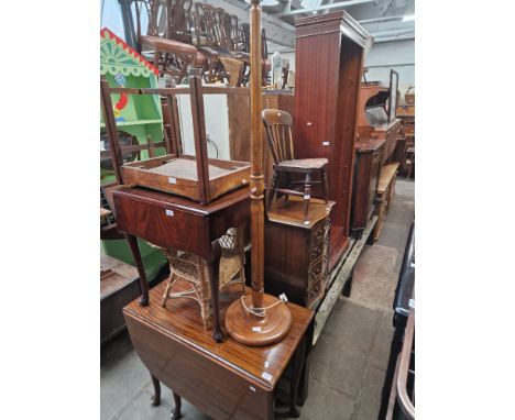 Various items of furniture; mahogany bookcase, mahogany chest of drawers, child's chair, mahogany drop leaf tables, standard 
