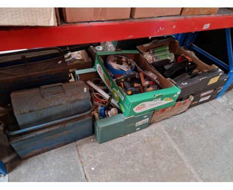 Six boxes of tools, garage ware, locks, etc and four tool boxes. 