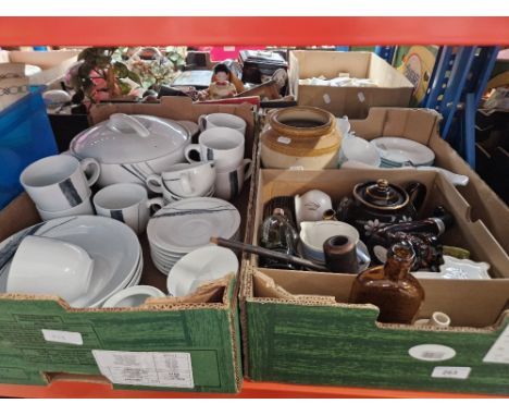 3 boxes containing a mixed lot of ceramics including Denby dinner and teawares, Windsor part tea set, earthenware pot, glass 