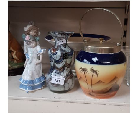 A Noritake tazza, Noritake biscuit barrel, a Phoenician glass vase, a Lladro and a Nao figurine 