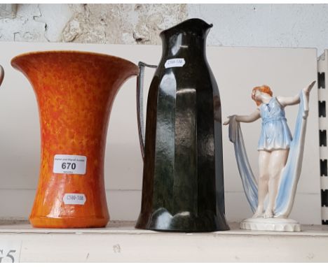 A mixed lot comprising vintage Art Deco lady figurine, Royal Lancastrian orange glazed vase and a bakelite thermos flask. 