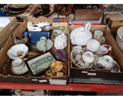 Two boxes of ceramics and collectables including Coalport Country Ware teapot, Royal Albert cups and saucers, Amethyst, frame