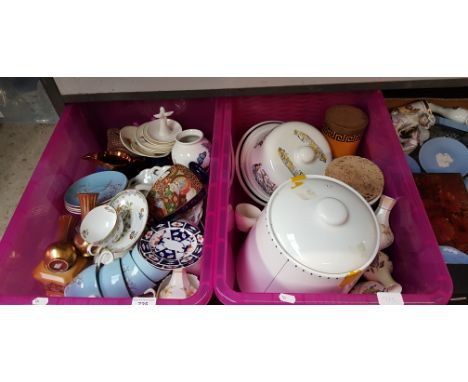 2 plastic boxes of mixed ceramics including large storage jar, cheese platter with lid, Royal Crown Derby saucers, vases, dis