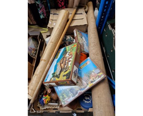 A box of collectables and a box of cutlery together with local maps Parbold and Orrell and a walking stick with horn handle a