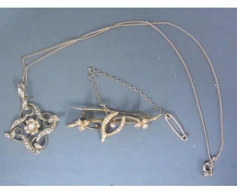 A 9ct yellow gold and pearl pendant with a 9ct yellow gold and pearl bar brooch - both in good, clean, bright condition