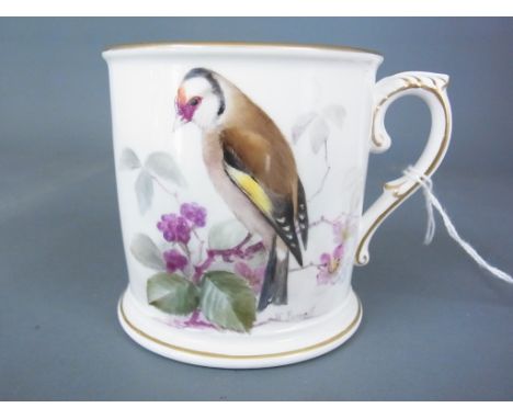 A Worcester cup with hand painted portrait of a goldfinch, signed by the artist - W Powell - good condition