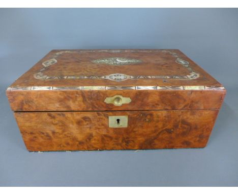 A burr walnut and mother of pearl inlaid writing slope with fitted interior - fair condition