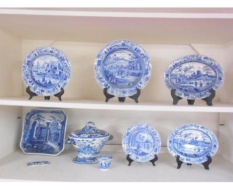 Nine pieces of Spode blue and white including a Caramanian square bowl 25cm x 12cm tall, a lidded tureen, four plates, a bowl