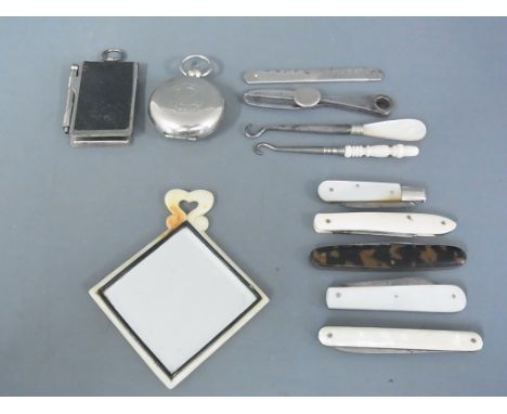 A selection of miscellaneous items including pen knifes, fruit and quill knives, hand mirror etc - condition varies