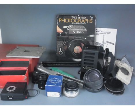 A mixed lot of film accessories to include Leitz Projector boxed circa 1940 for collector, various extension tubes, hoods etc