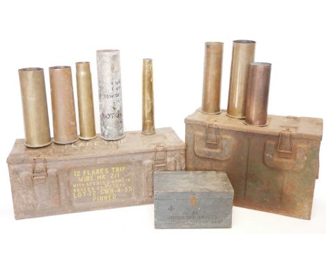 Collection of ammunition boxes edged weapons etc Collection of ammunition boxes, one marked Flare Trip Pinned, another emboss
