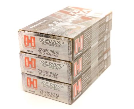 Sixty rounds Hornady 22-250 ammunition LICENCE REQUIRED Sixty rounds Hornady 22-250 ammunition 55 grain V-Max bullet.UK FIREA
