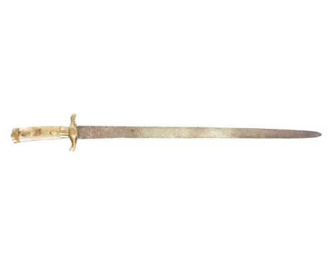 German Hunting sword, German Hunting sword, with single edge blade, simple brass guard and carved stag horn grip set with a l