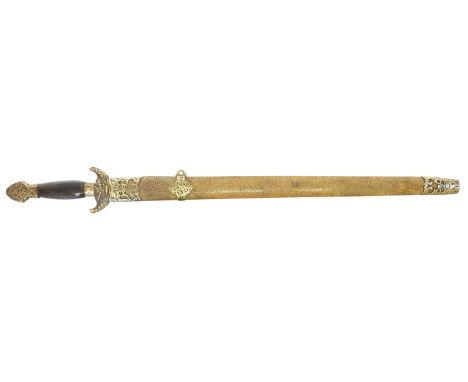 Chinese Jian Sword Chinese Jian sword, double-edged blade with copper dot decoration, mask guard in shagreen scabbard with de