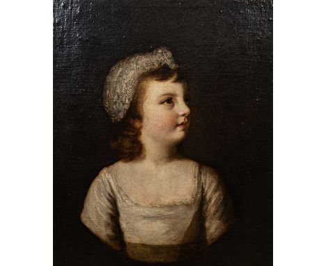 18th century English school head and shoulder portrait of young girl in a lace cap, oil on canvas, unsigned, inscribed to the