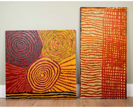 20th century Aboriginal school Untitled Abstract, oil on canvas, unsigned, unframed, 119cm x 60cm together with another simil