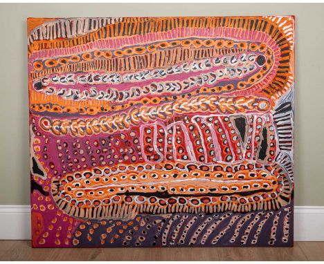 Murdie Nampijinpa Morris (b.1934) Untitled Aboriginal abstract, oil on linen canvas, signed to reverse, unframed, 106cm x 122