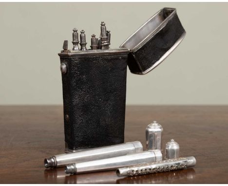 A Georgian white metal etui containing various steel blades to include a knife and fork, a pen knife and a bodkin, with two o