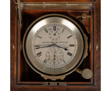 A Victorian mahogany two day marine chronometer, the silvered Roman dial with Arabic five minutes, state of wind indicator, s
