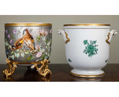 A continental porcelain jardiniere the silver ground decorated with goldfinches amongst wildflowers, and with naturalisticall