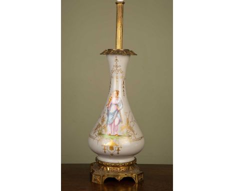 A continental porcelain oil lamp base of baluster form decorated with a classical female, in coloured enamels and with gilt b