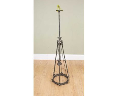 A Victorian cast brass hanging lantern frame with pierced ornament, 133cm high x approximately 35cm diameter