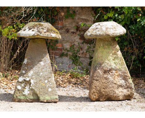 A pair of old sandstone staddle stones with circular tops and spreading square section bases, one surmounted by a sundial pla