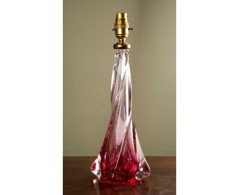 A Val St Lambert Belgian cranberry glass table lamp of twisting form, 37cm highIn good condition with original, if worn, labe