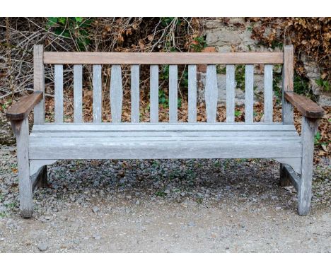 A teak garden bench, 159cm wide x 84cm highWeathered condition, structurally sound.